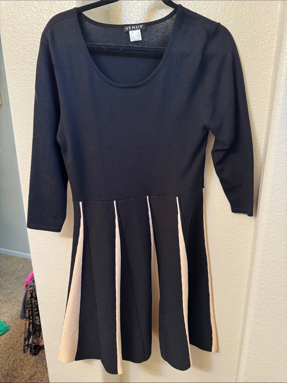 VENUS Black Dress with Cream Pleat Accents